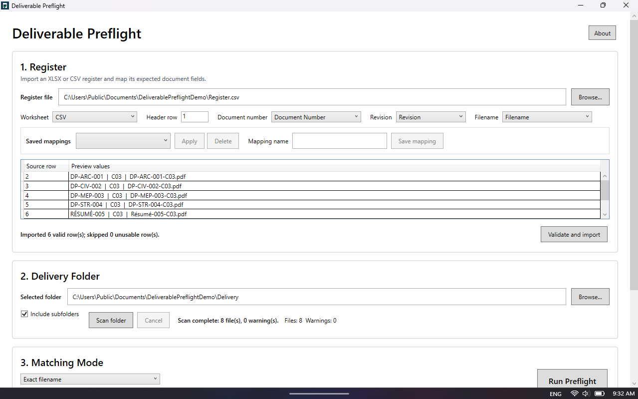 Deliverable Preflight with a CSV register imported and a delivery folder scan completed