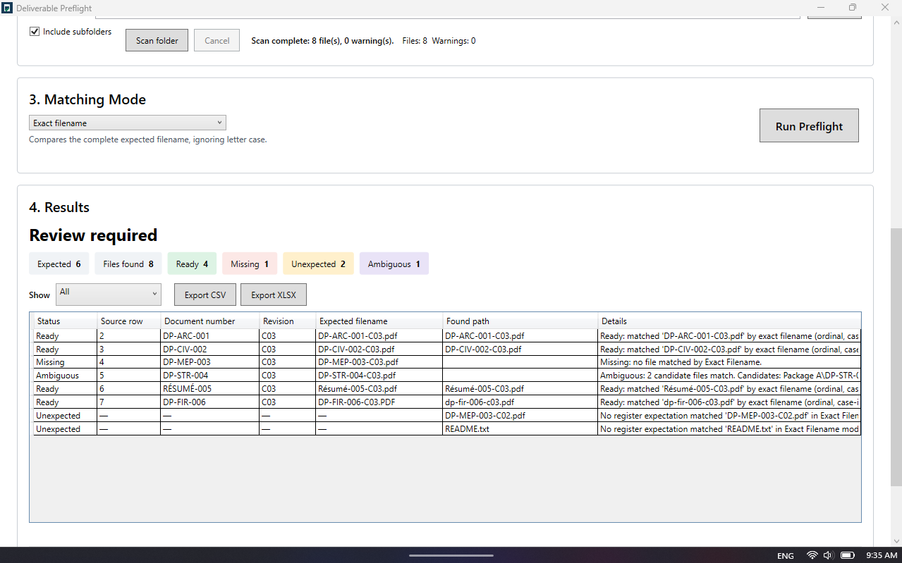 Exact Filename report showing Ready, Missing, Unexpected and Ambiguous results