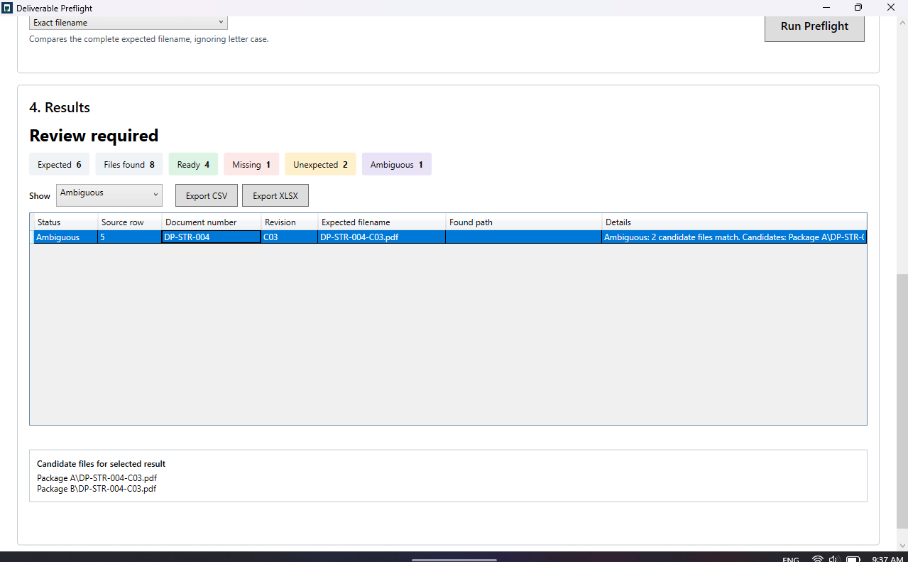 Ambiguous result filtered with two candidate file paths displayed