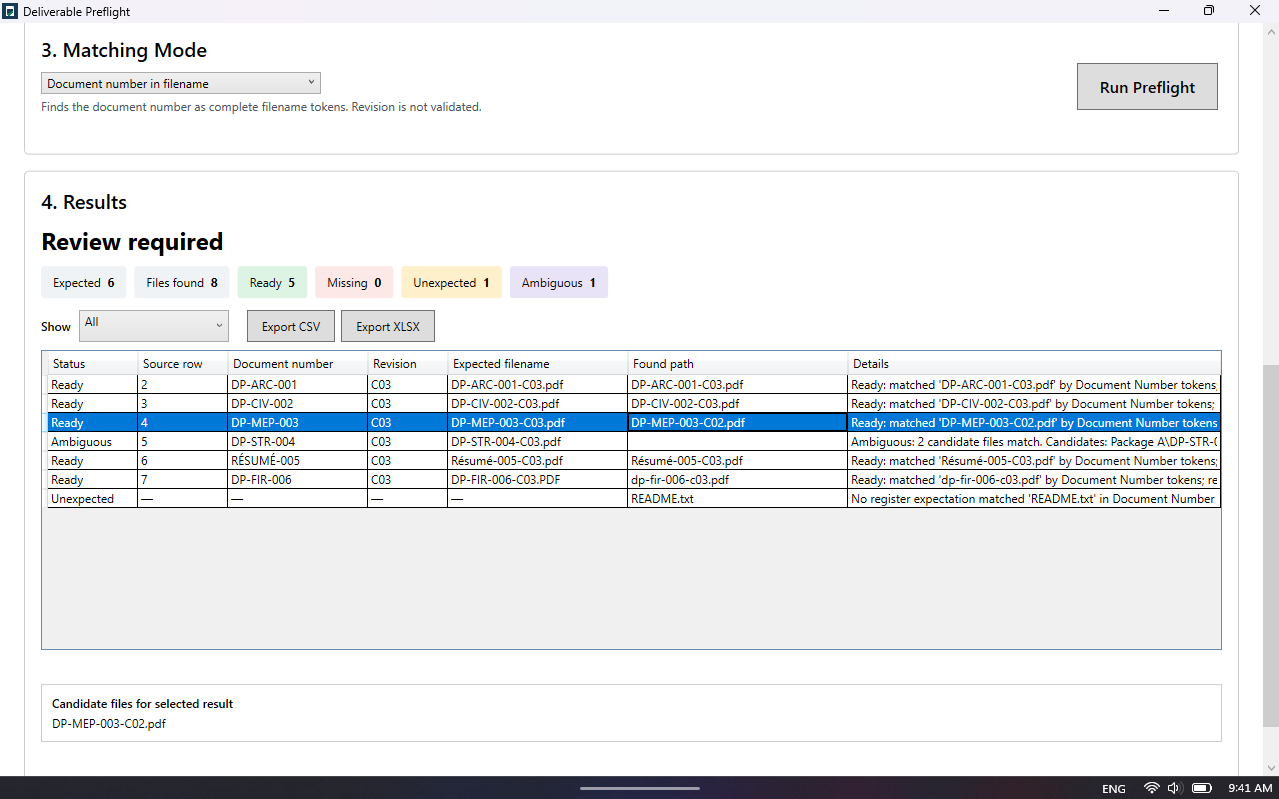 Document Number in Filename report showing five ready results and one ambiguous result